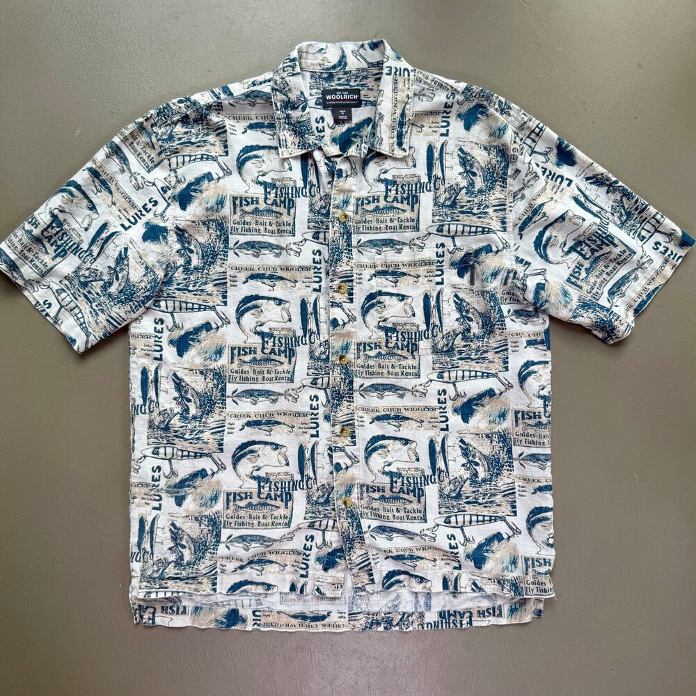 Woolrich Lapis Fish Signs Linen Shirt MEDIUM Fishing Camp Trout Lures Distressed